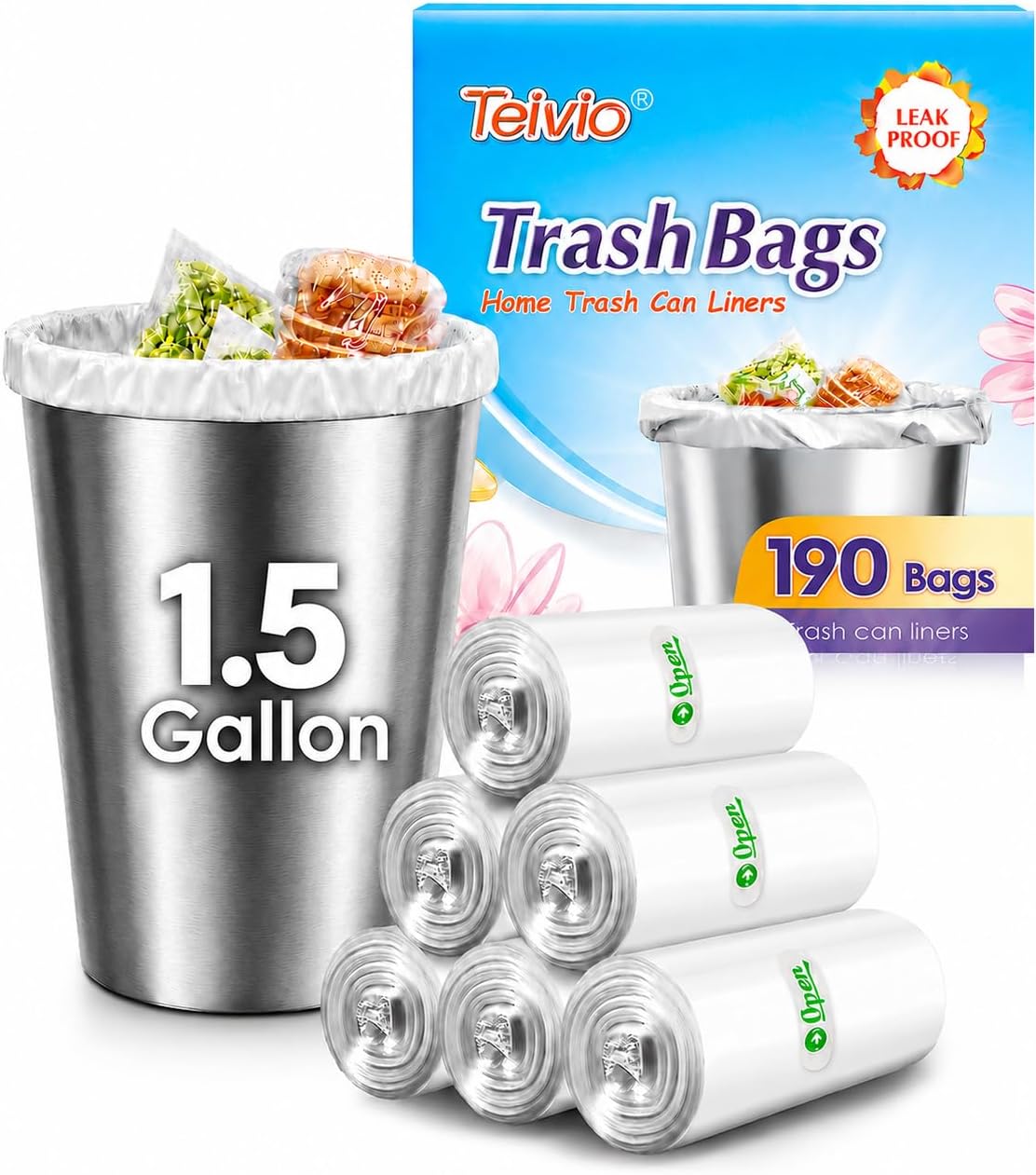 Teivio 1.5 Gallon 190 Counts Small Trash Bags Garbage Bags, Bathroom Trash Can Bin Liners, Small Plastic Bags for home office kitchen, Clear