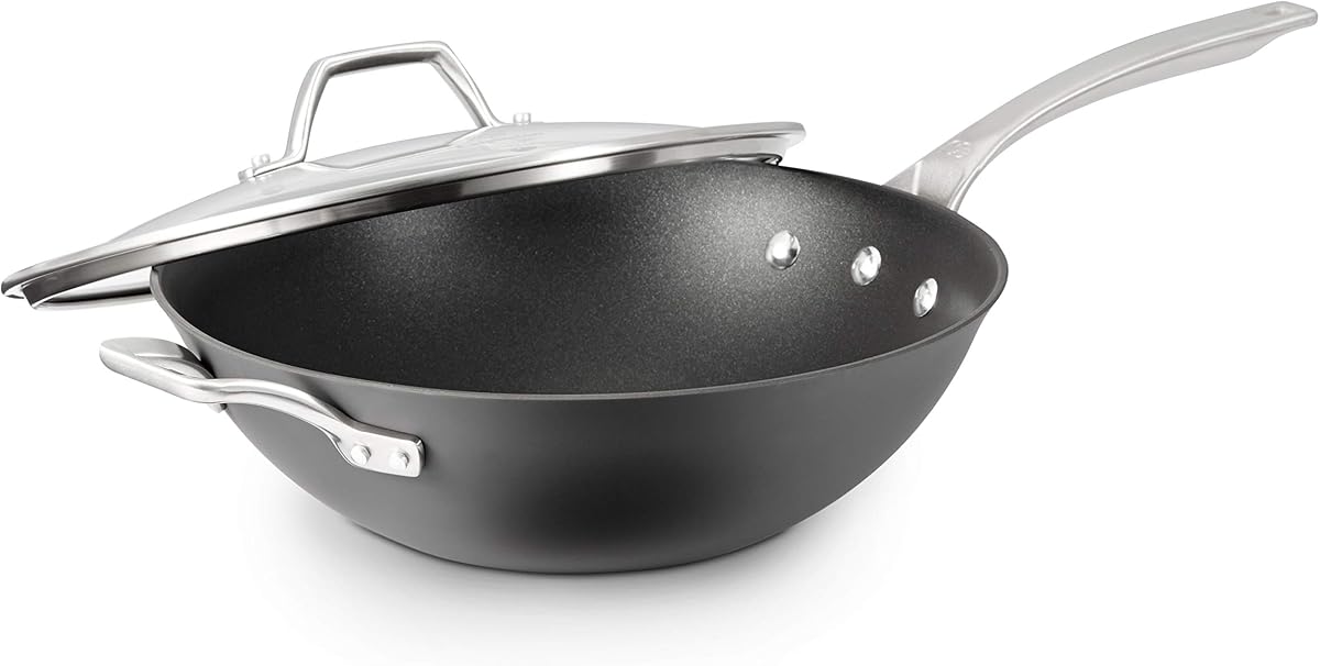 Signature Hard-Anodized Nonstick Wok, 12", Flat-Bottom, Oven-Safe, PFOA-Free, Black