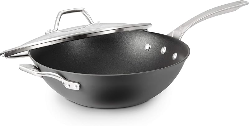 Signature Hard-Anodized Nonstick Wok, 12", Flat-Bottom, Oven-Safe, PFOA-Free, Black