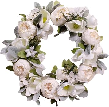 Ansuma 18" Peony Magnolia GrandifloraWreath, Artificial Flower Wreath Door Wreath with Green Leaves Spring Wreath for Front Door, Wedding, Wall, Home Decor White