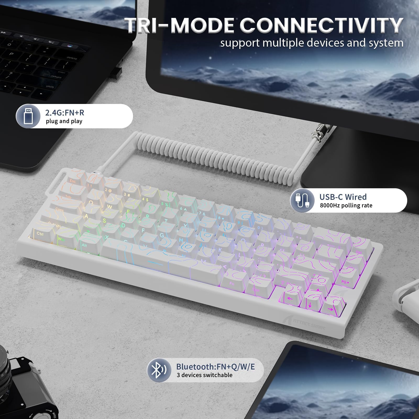 ATTACK SHARK X68PRO HE Teclado Gaming Inalámbrico con Gatillo Rápido, Precisión RT de 0,01 mm, 8000Hz, Interruptores Magnéticos Teclado con C01Cable, Activación Ajustable, Snap Tap, RGB - Blanco