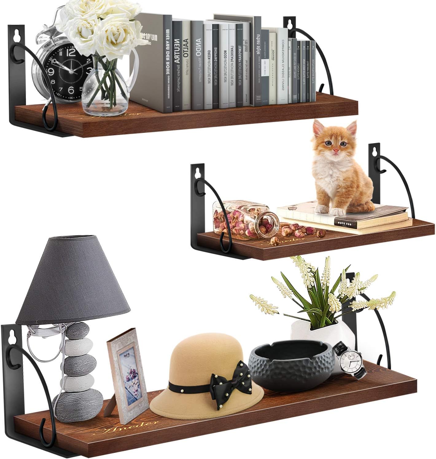 ANEDER Floating Shelves for Wall Set of 3, Rustic Wall Storage Shelf Heavy Duty Display Ledge Hanging Shelf Organizer for Bedroom, Living Room, Bathroom, Kitchen, Office