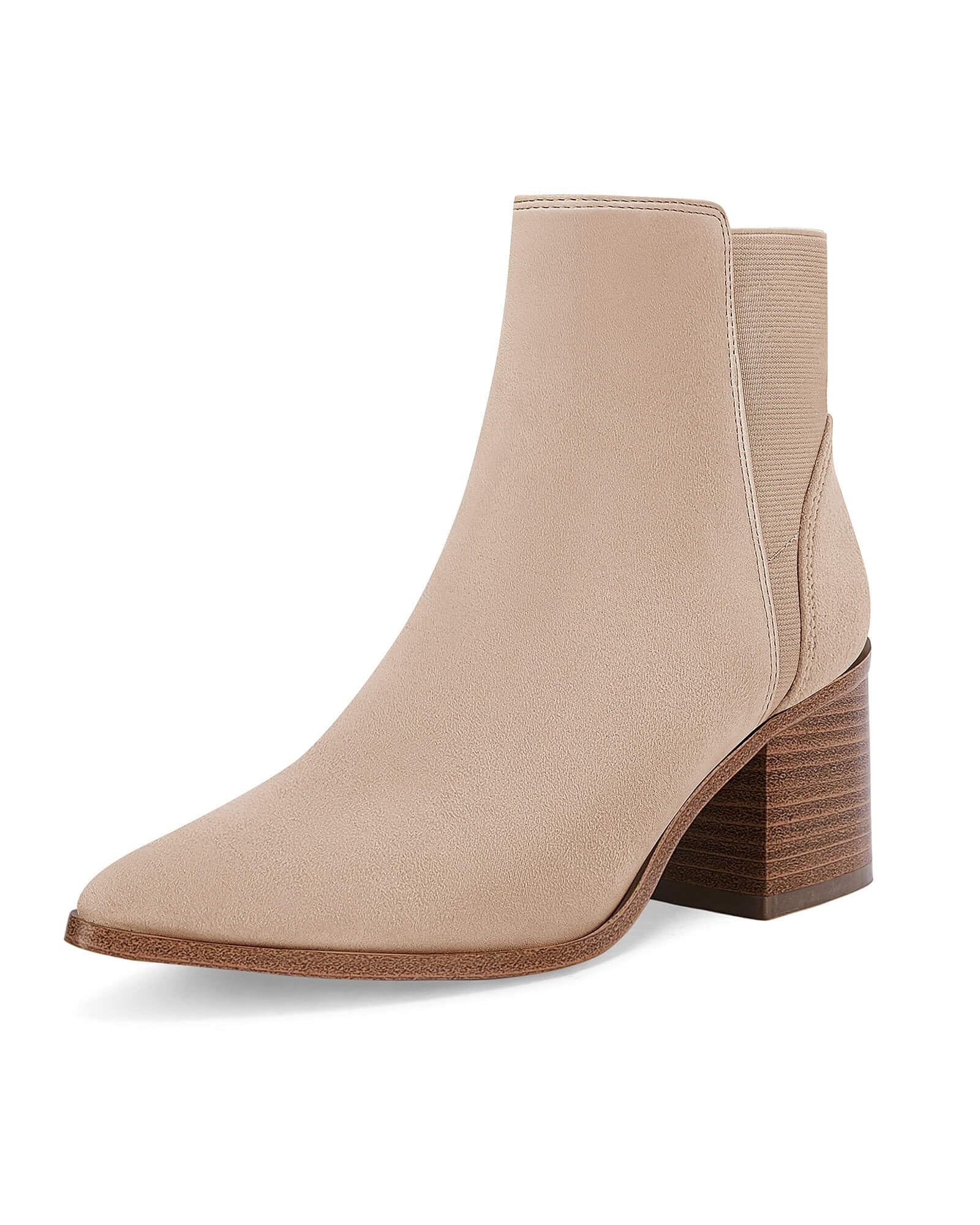 Coutgo Womens Pointed Toe Ankle Boots Elastic Chunky Block Stacked Mid Heel Slip On Chelsea Booties