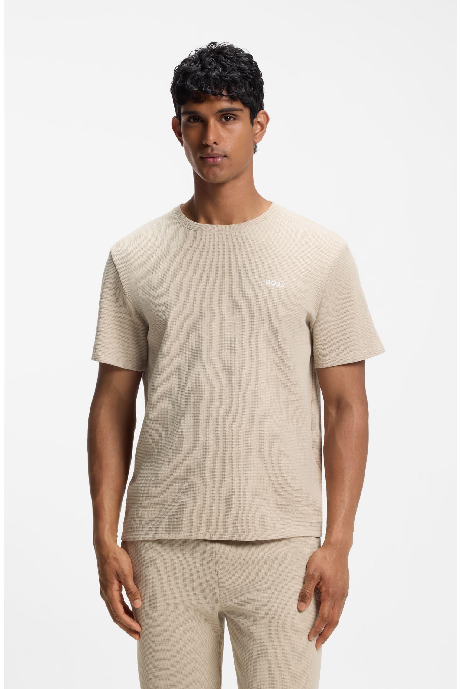 BOSS Herren Waffle T-Shirt Pyjama-Shirt aus Baumwoll-Mix mit Logo-Stickerei