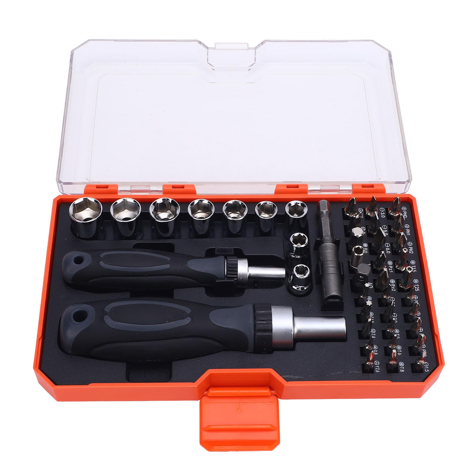 Juego de destornilladores 42 en 1 con funda, juego de destornilladores de trinquete Cr V, mango ajustable, kits de herramientas de reparación del hogar para reparar dispositivos electrónicos, gafas
