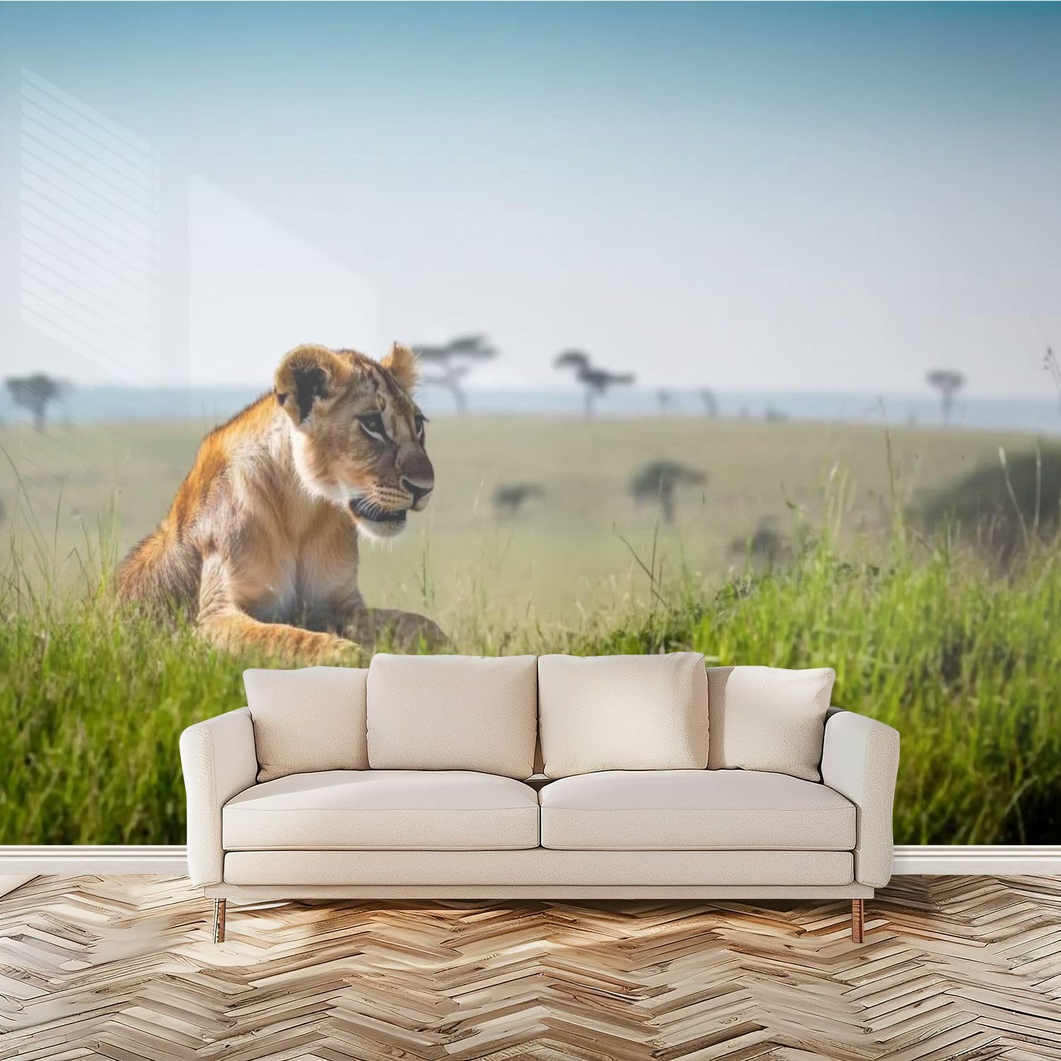 Wall Mural Lioness Cubs Green Plains Mara Self Adhesive Wallpaper Peel & Stick Wall Decal Sticker Poster Home Decor for Bedroom Living Room Bathroom 100"x144"