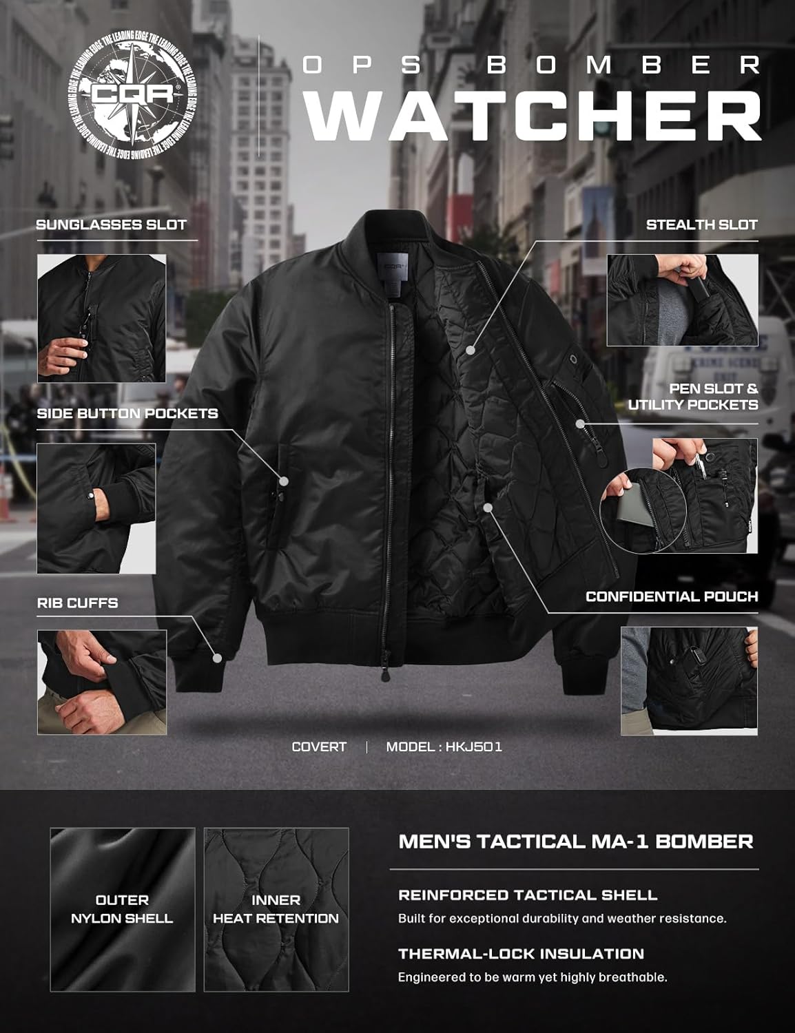 CQR Men's Casual Bomber Jacket, Outdoor Fall/Winter Zip-Up Windbreaker, Water Resistant Padded MA-1 Flight Jacket with Pocket - Image 7