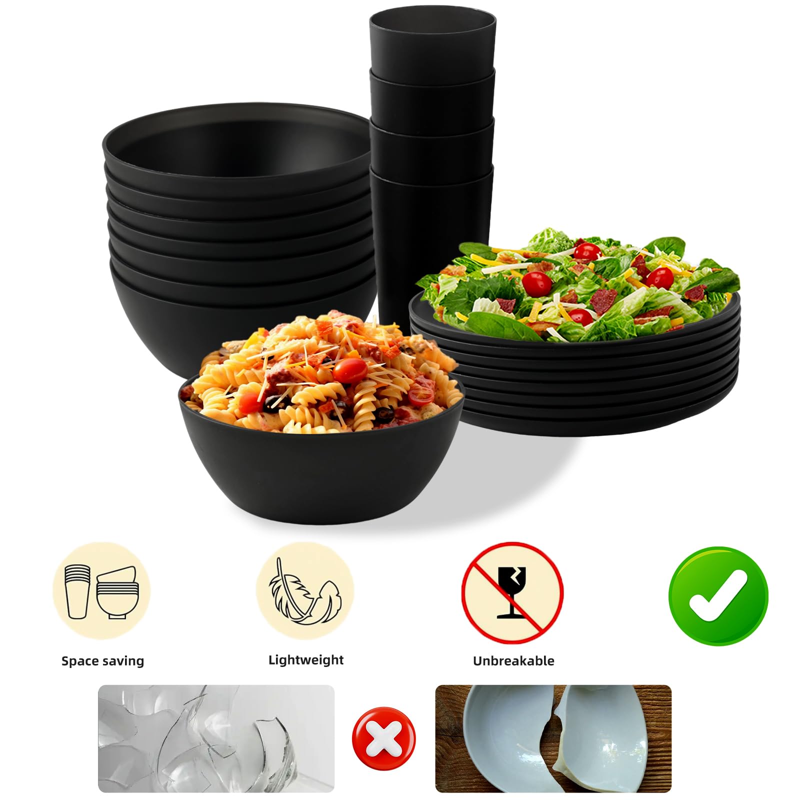 Set di stoviglie in plastica infrangibile, per 8 persone, senza BPA, per uso alimentare, con posate incluse, impilabili, lavabili in lavastoviglie, per campeggio, picnic, barbecue, viaggi, 24 pezzi