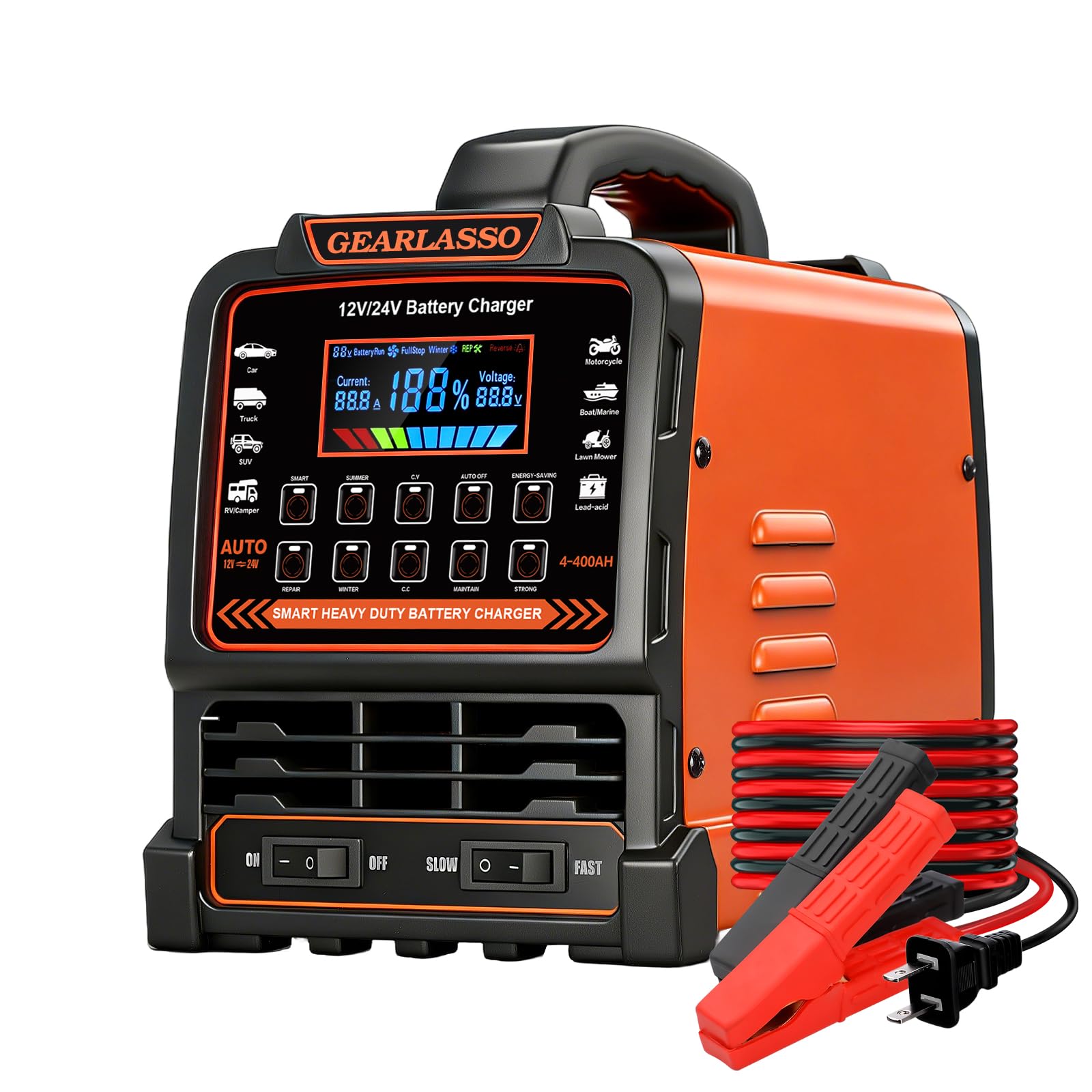 Chargeur de batterie de voiture 12 V 24 V très résistant, mainteneur de batterie automatique 0-15 A avec 10 modes, y compris les arrêts automatiques, la réparation, l'hiver, chargeur