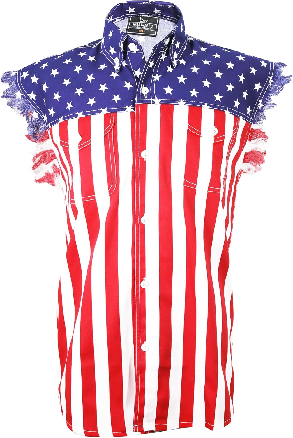 USA Flag Sleeveless Denim Cutoff Shirt - 100% Cotton Pre-Washed Denim Shirt with Stars and Stripes S to 5XL