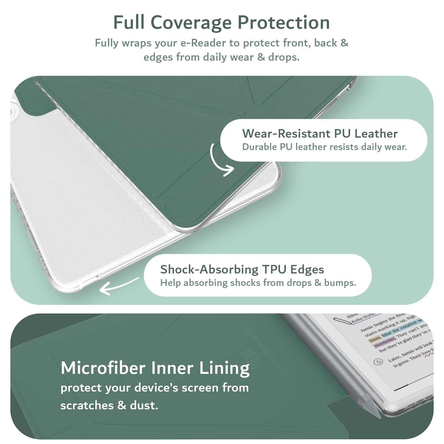 TUDIA M-FLIP Detachable Clear Magnetic Case for Kobo Libra Colour (2024) - [Auto Wake/Sleep] Shockproof Slim Transparent Back Magnetic Fold Cover with Stylus Holder (Dark Green) - 4