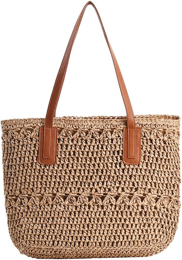 Straw Bag Handbag Large Capacity Summer Beach Bag for Women Shoulder Purse Tote Wicker Bag Vacation Travel for Moms Gift, Style C, Khaki, Large