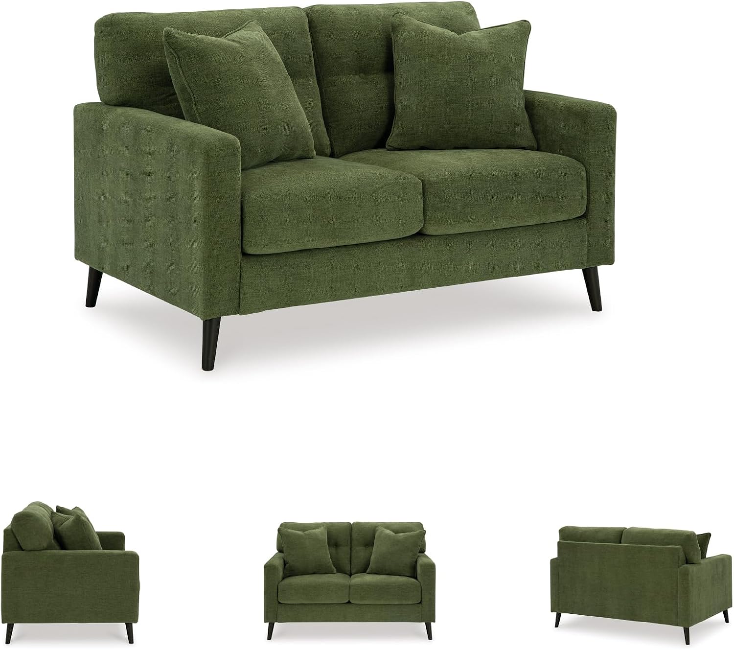 BOWERY HILL Mid-Century Loveseat, 57"x38"x37", Polyester Viscose Upholstery, Green, Corner-Blocked Frame, Tufted Back, Accent Pillows Included, Tapered Legs, 2-Seater Living Room Furniture