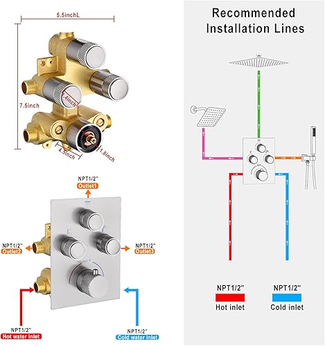 Miniatura 48 de Sistema de ducha de lluvia, cabezal de ducha de lluvia montado en la pared de 12 pulgadas con chorros corporales y ducha de mano, juego de grifo