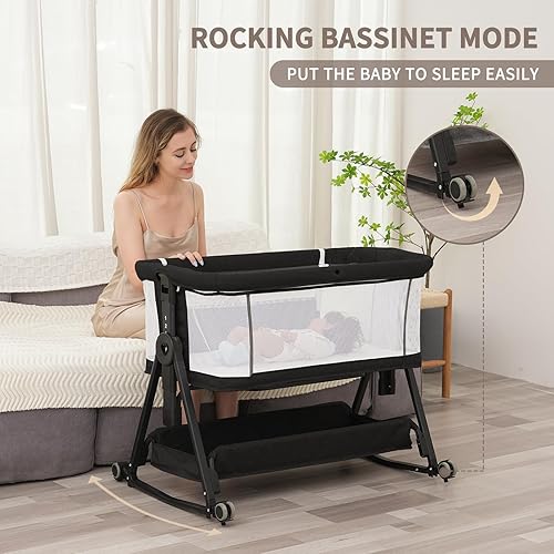 Miniatura 5 de Moisés de bebé 3 en 1 para bebé, cuna de noche con cesta de almacenamiento y ruedas para recién nacido, moisés fácil de plegar para bebé y dormir