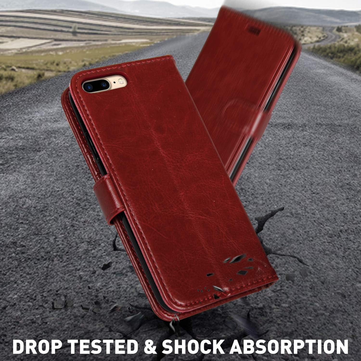 MONASAY iPhone 8 Plus Wallet Case, iPhone 7 Plus Case, [Glass Screen Protector][RFID Blocking] Flip Folio Leather Cell Phone Cover with Credit Card Holder,5.5 inch Red