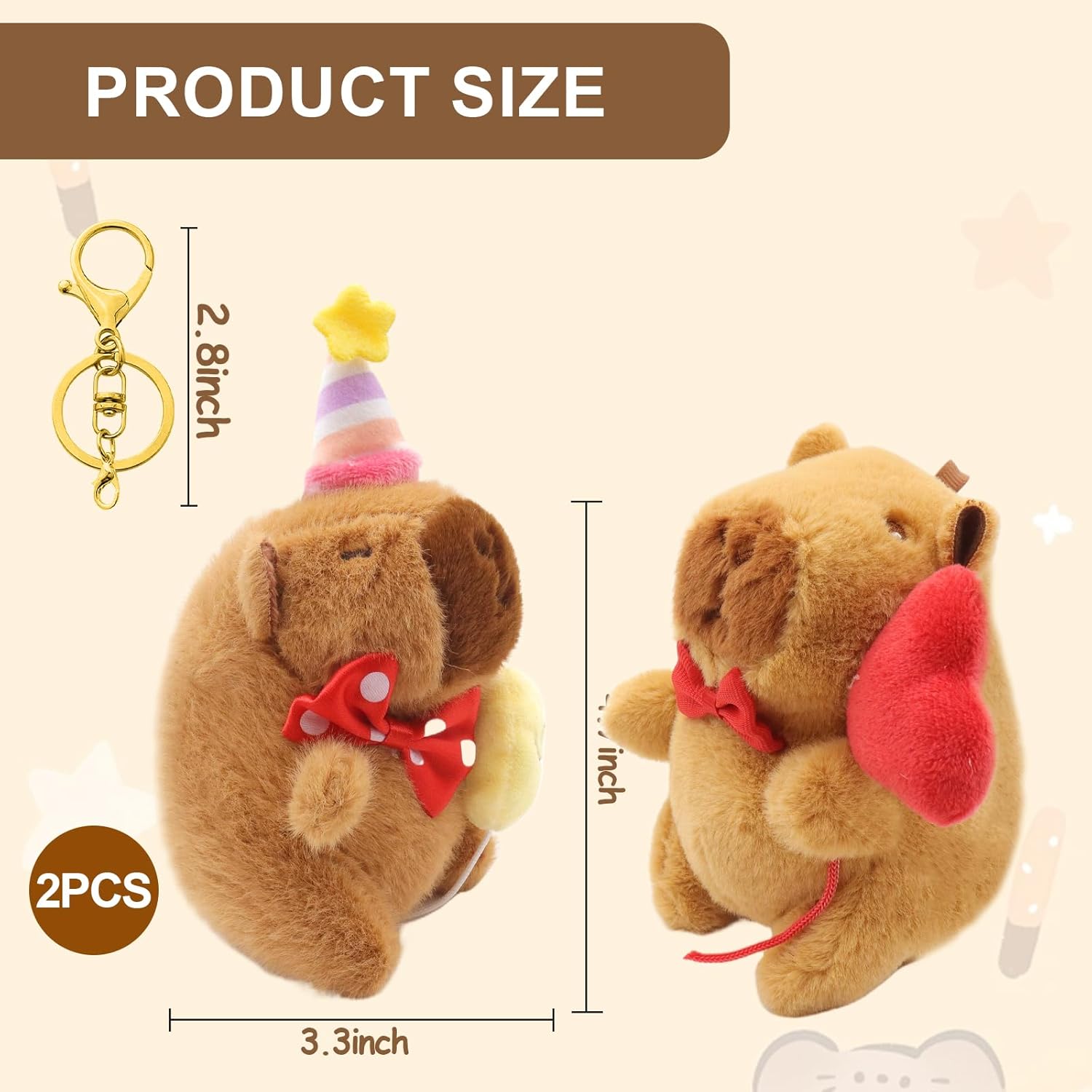 2 Pack Capybara Keychain Plush, Capybara Peluche Cute Key Chain with Clothes Backpack Accessories, Soft Animal Birthday Party Gift for Adults, Christmas Crafts, Stocking Stuffers (Birthday hat) - Image 2