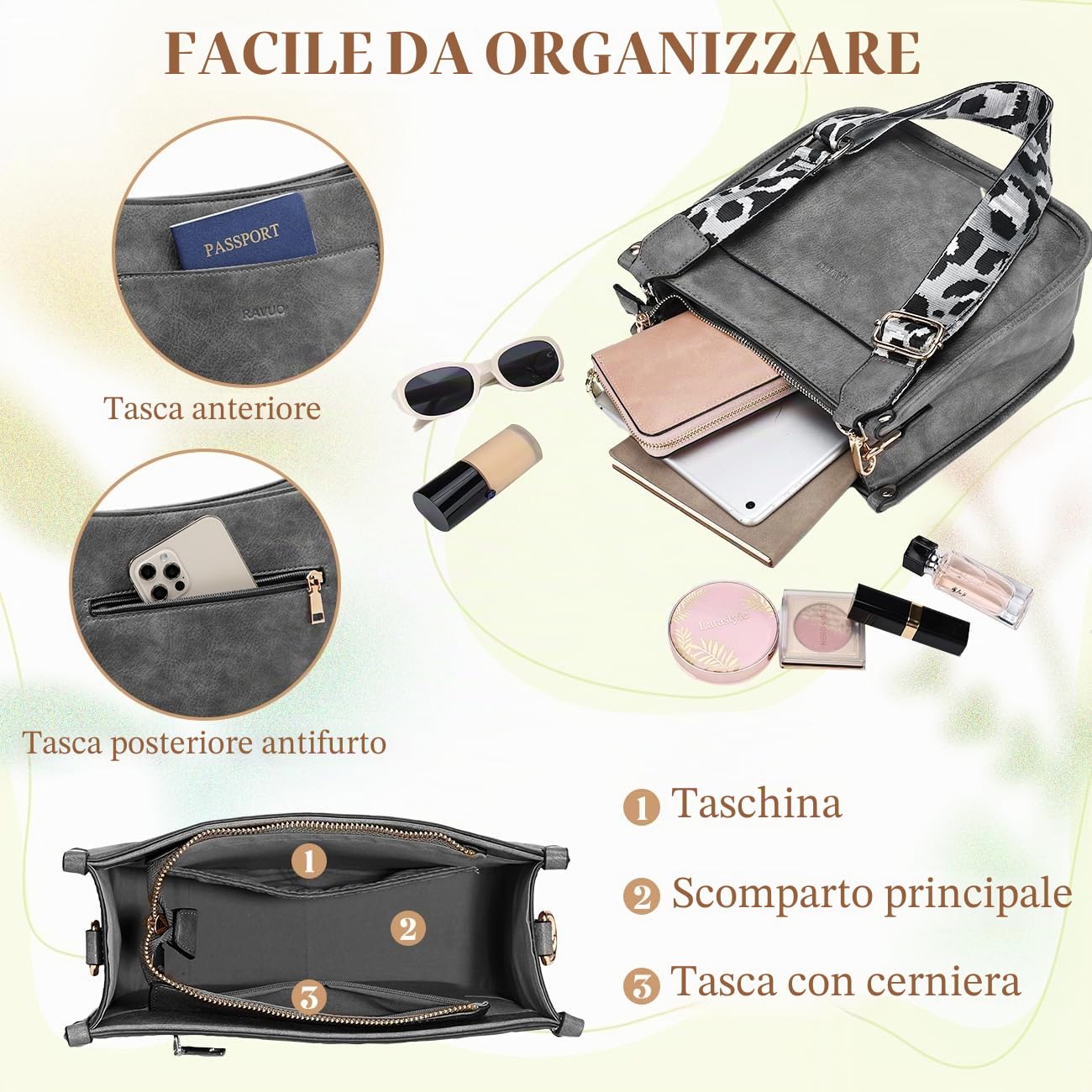 RAVUO Borsa a Tracolla Donna, Elegante Borsa a Spalla Donna Con 2 Cinturini Regolabili Borsa Pelle Impermeabile da Donna in Sintetica Pu con Tasche Multiple per Il Tempo Libero, Scuola, Viaggi
