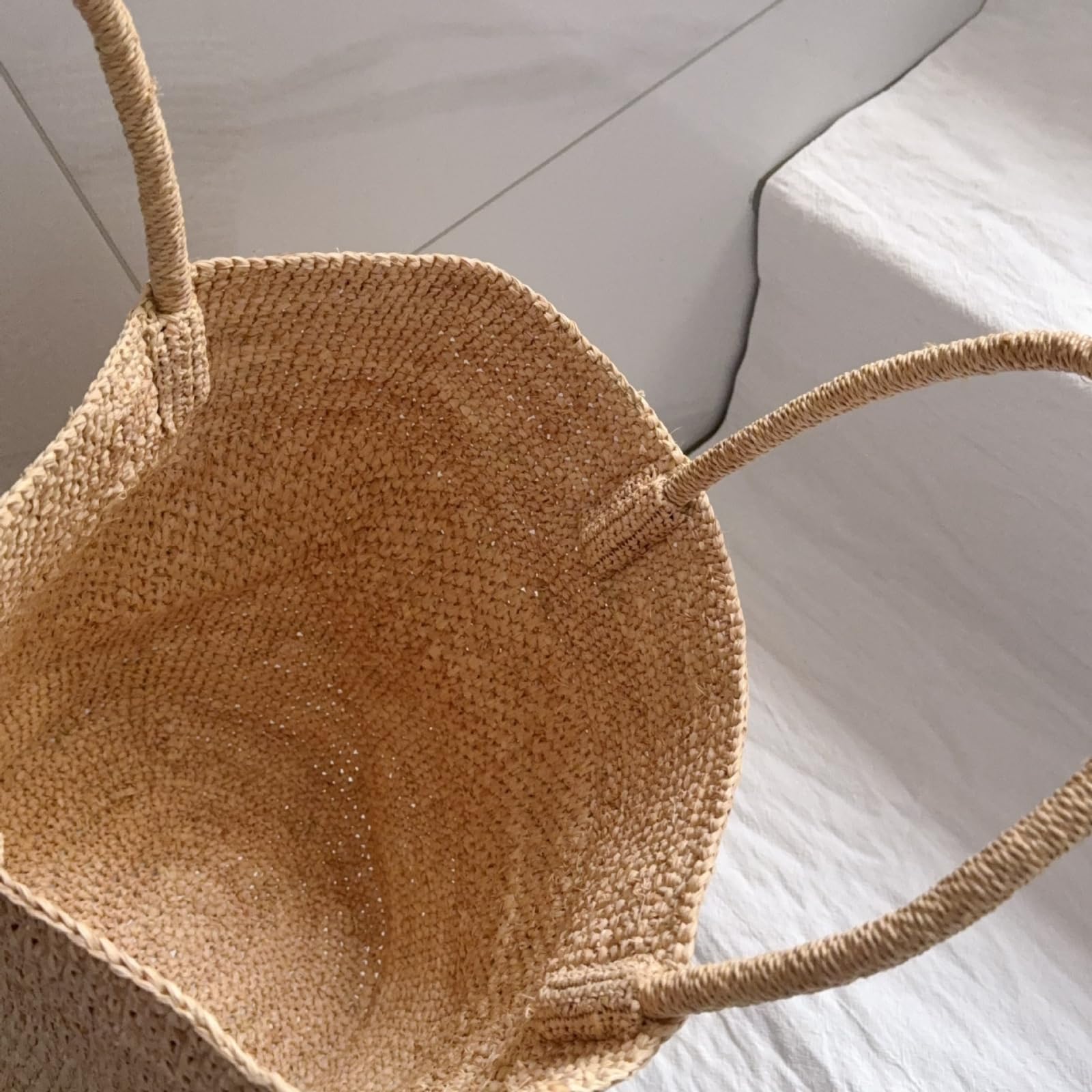 Strohtasche Damen Stroh Häkelte Handgefertigte Taschen, Urlaub Strandtaschen, Gewebte Sommer Strandtaschen-Khaki