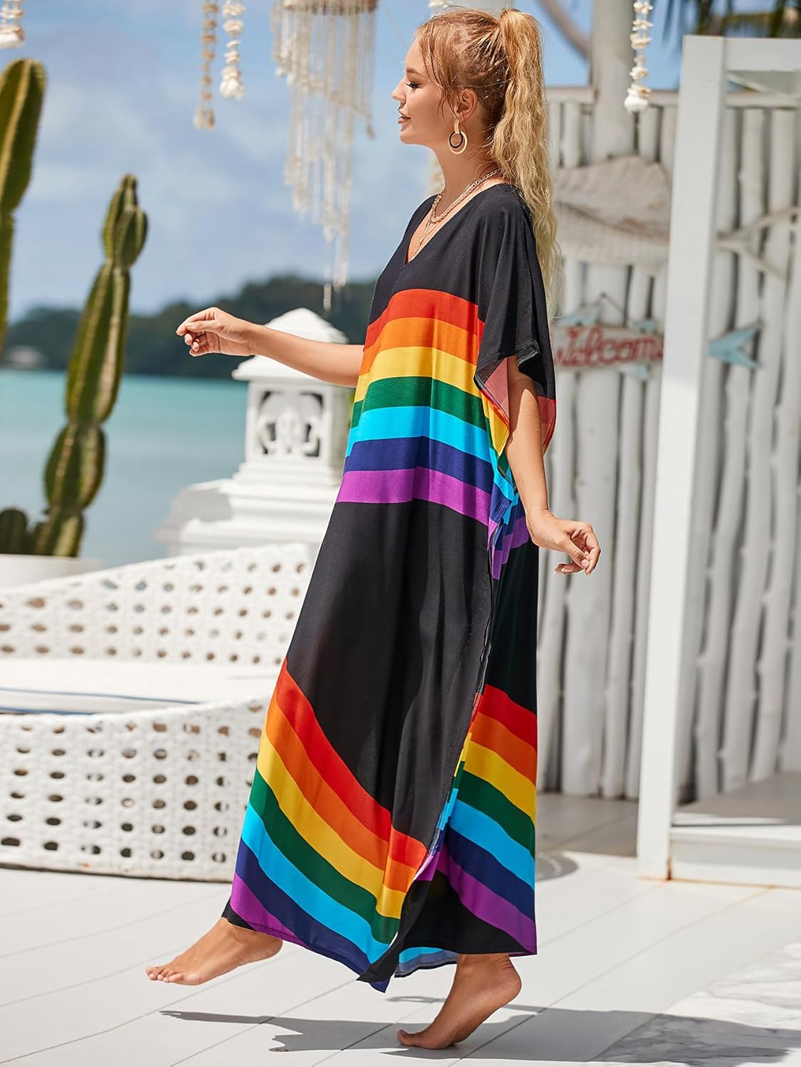 Kaftan Dresses for Women Plus Size Bathing Suit Cover up Vneck Batwing Dress Loose fit Moroccan Caftan mumu Dresses - Image 7