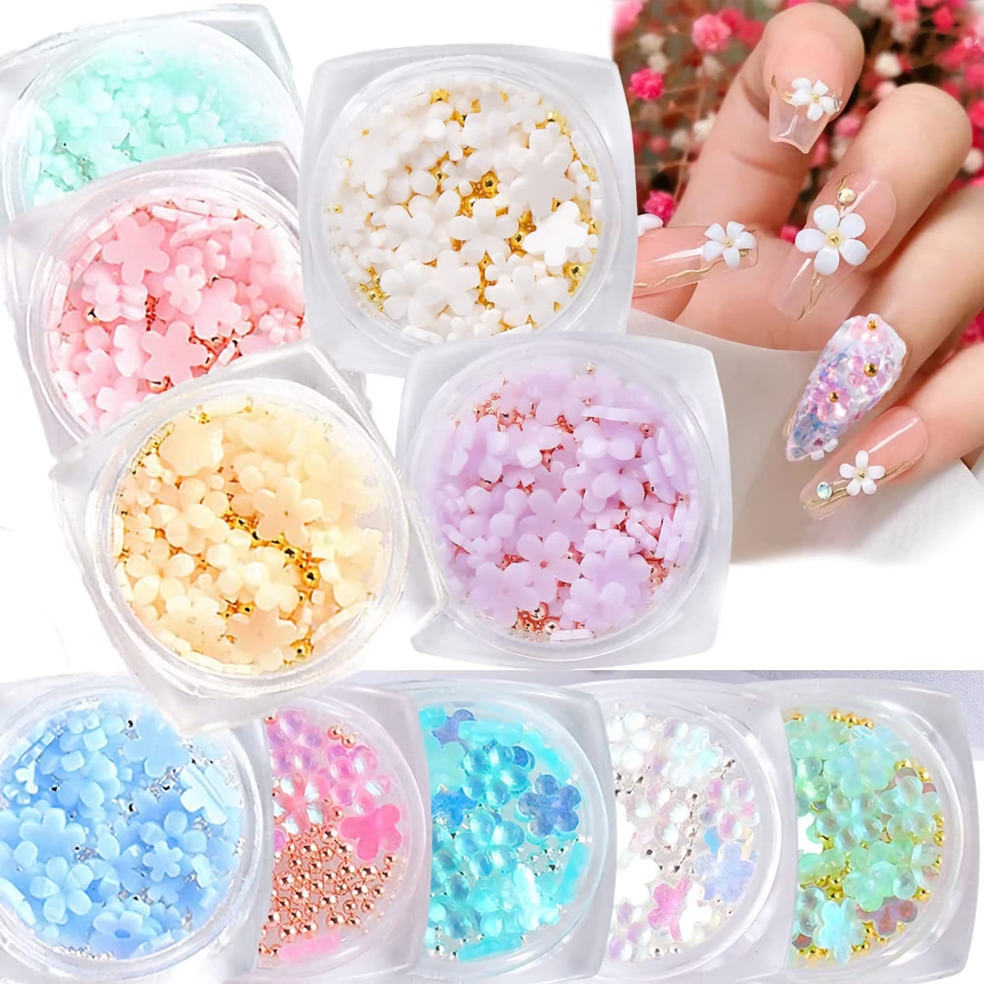 MAKINGTEC 10 Boxes 3D Flower Nail Art Decorations, Light Changing Nail Art Decals and Symphony Colors Mixed Henna for Ladies and Girls Diy Charm Elegant Nail Art Decorations