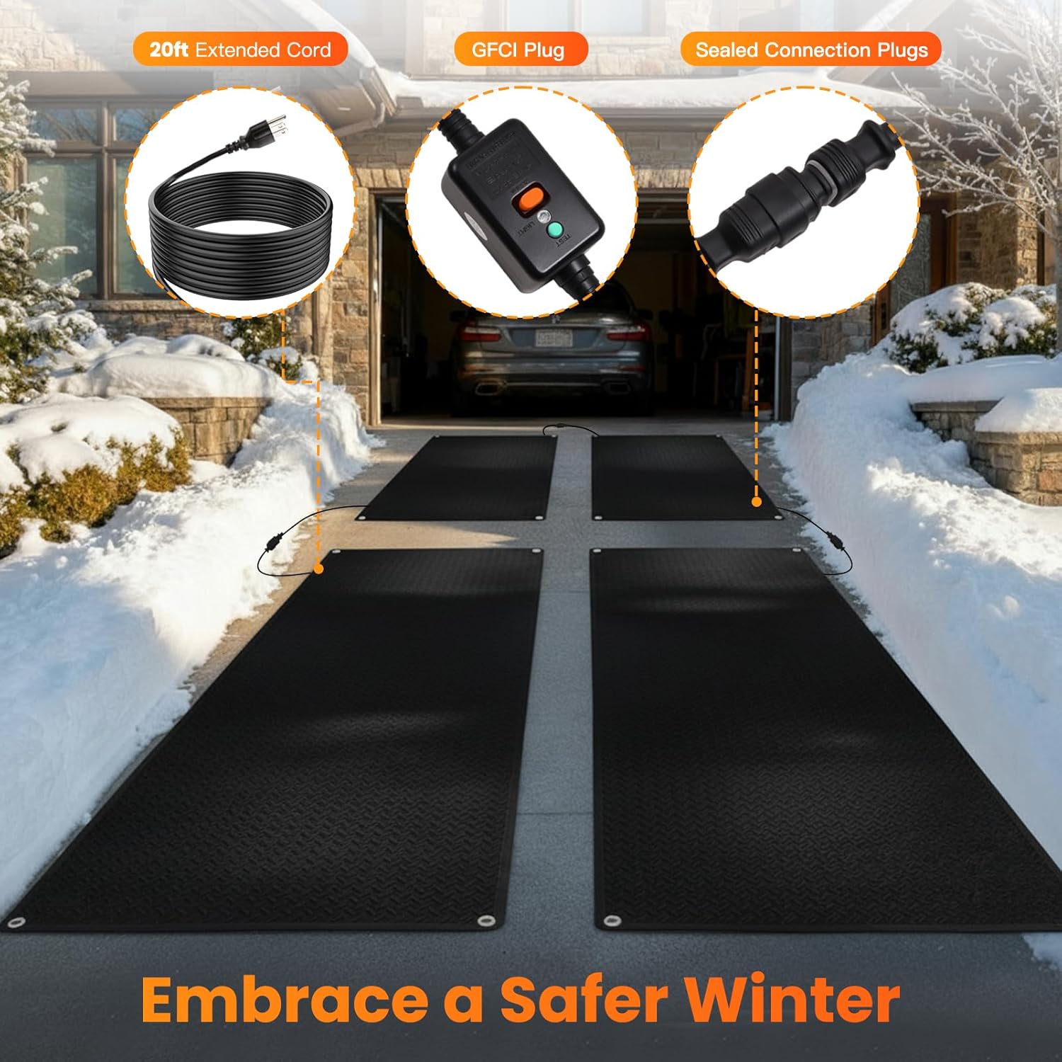 Snow Melting Mats, Anti-Slip Outdoor Snow Heating Mat for Stairs, 20ft Power Cord, IP68 Waterproof, 4 in/h Speed Heated Snow and Ice Melting Pads for Sidewalk, Steps, Walkways
