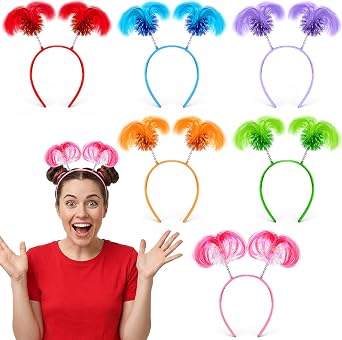 6 Pcs Pom Pom Headband Tinsel Ponytail Headband Fun Feather Head Bopper for Halloween Carnival Easter Party