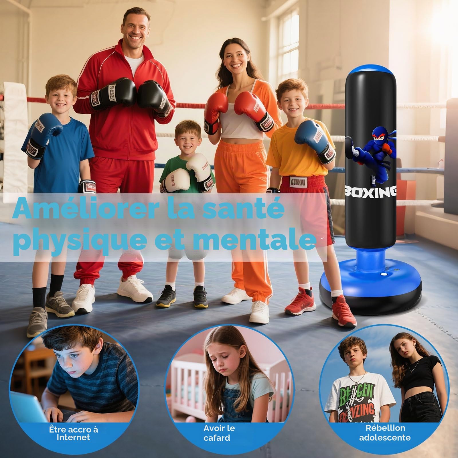 Sac de Frappe Enfant, Qoosea 160cm Punching Ball Enfants avec Gants de Boxe, Gonflable Sac de Boxe, Cadeau Parfait pour Garçons et Filles 3 à 12 Ans pour Karaté, Taekwondo
