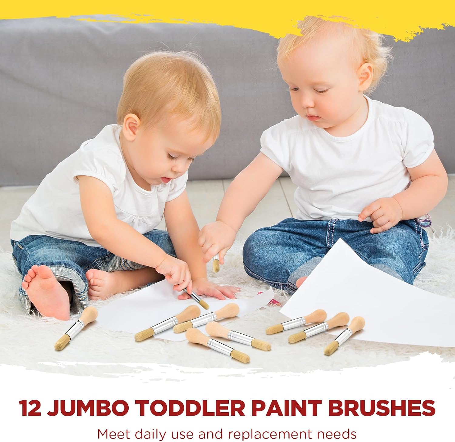 Sinload 12 Pcs Watercolor Paint Brushes for Toddler Kid Baby Jumbo Brushes with Chubby Wood Handles Easy to Grip Round Paintbrushes Non Toxic Vegan Bristles for Preschool Painting Art Craft (Gourd)