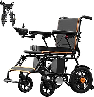 Rollstuhl Elektrisch Faltbar Leicht bis 100KG, 250W Doppelmotoren für 10 km Reichweite, Outdoor Elektrorollstuhl für Allen Gelände, Leicht zu Transportieren (5 Jahre Garantie), Orange