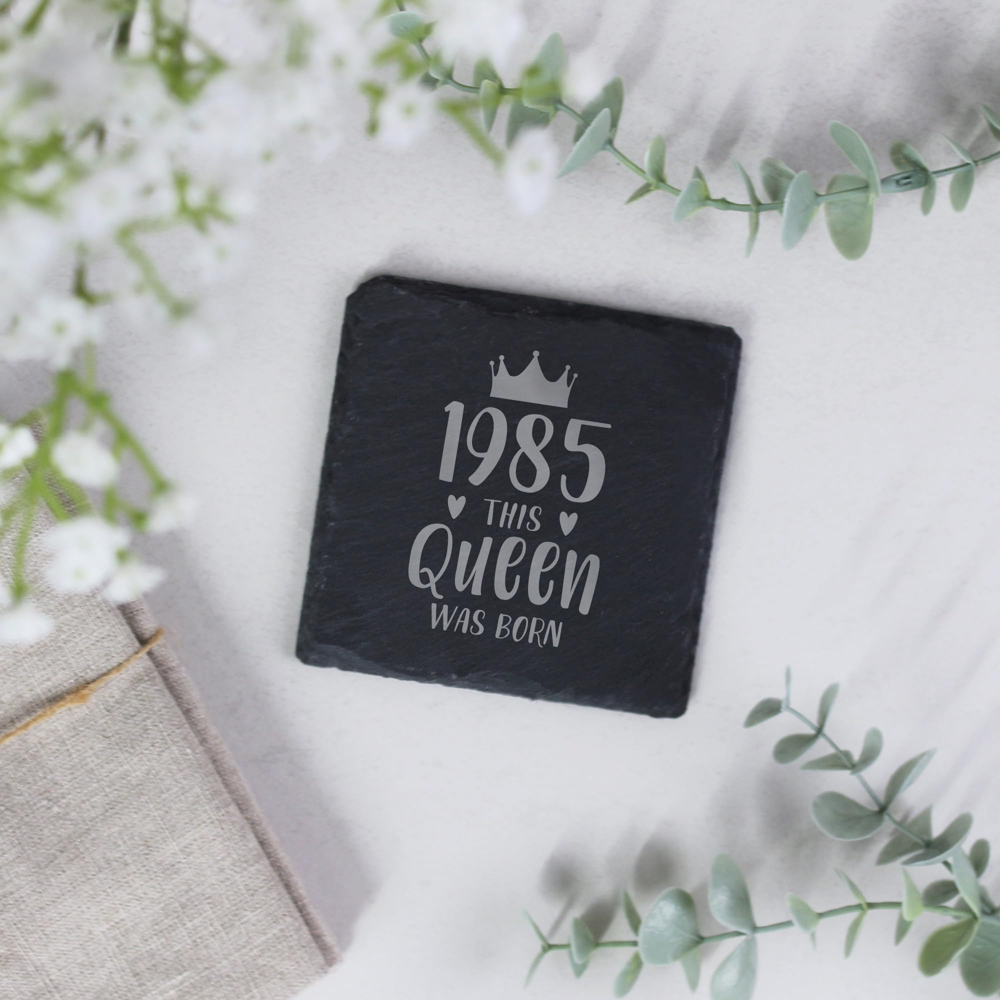eBuyGB Engraved 1985 This Queen Was Born Square Slate Coaster, 40th Milestone Birthday Gift for Women, Fortieth Gift for Her