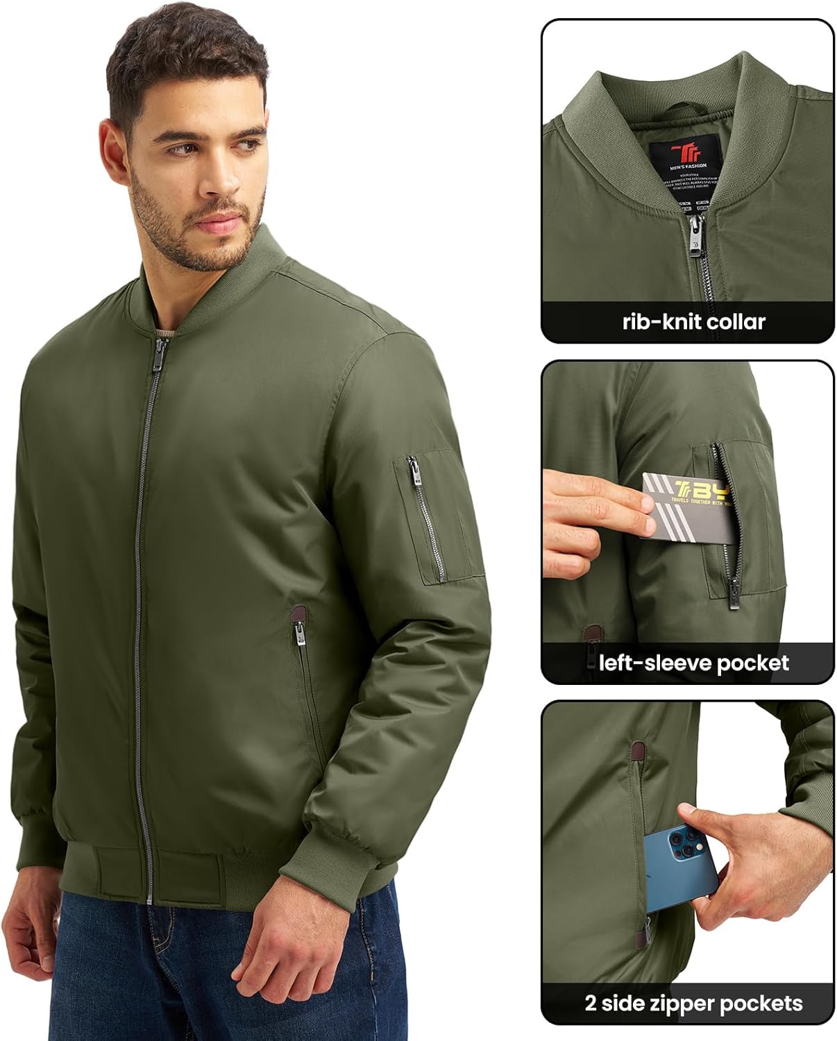 Rdruko Men's Bomber Jackets Onion Quilted Winter Padded Windbreaker Zip up 4 Pockets Waterproof Satin Flight Varsity Coats - Image 5