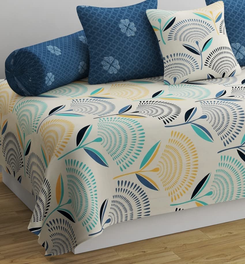 Image of Pure Soft Cotton Floral Diwan Set Covers 6 Pieces - 1 Single Bed Sheet (60 X 90) with 3 Cushion (16 X 16), 2 Bolster Covers (16 X 32) (Cream Navy)