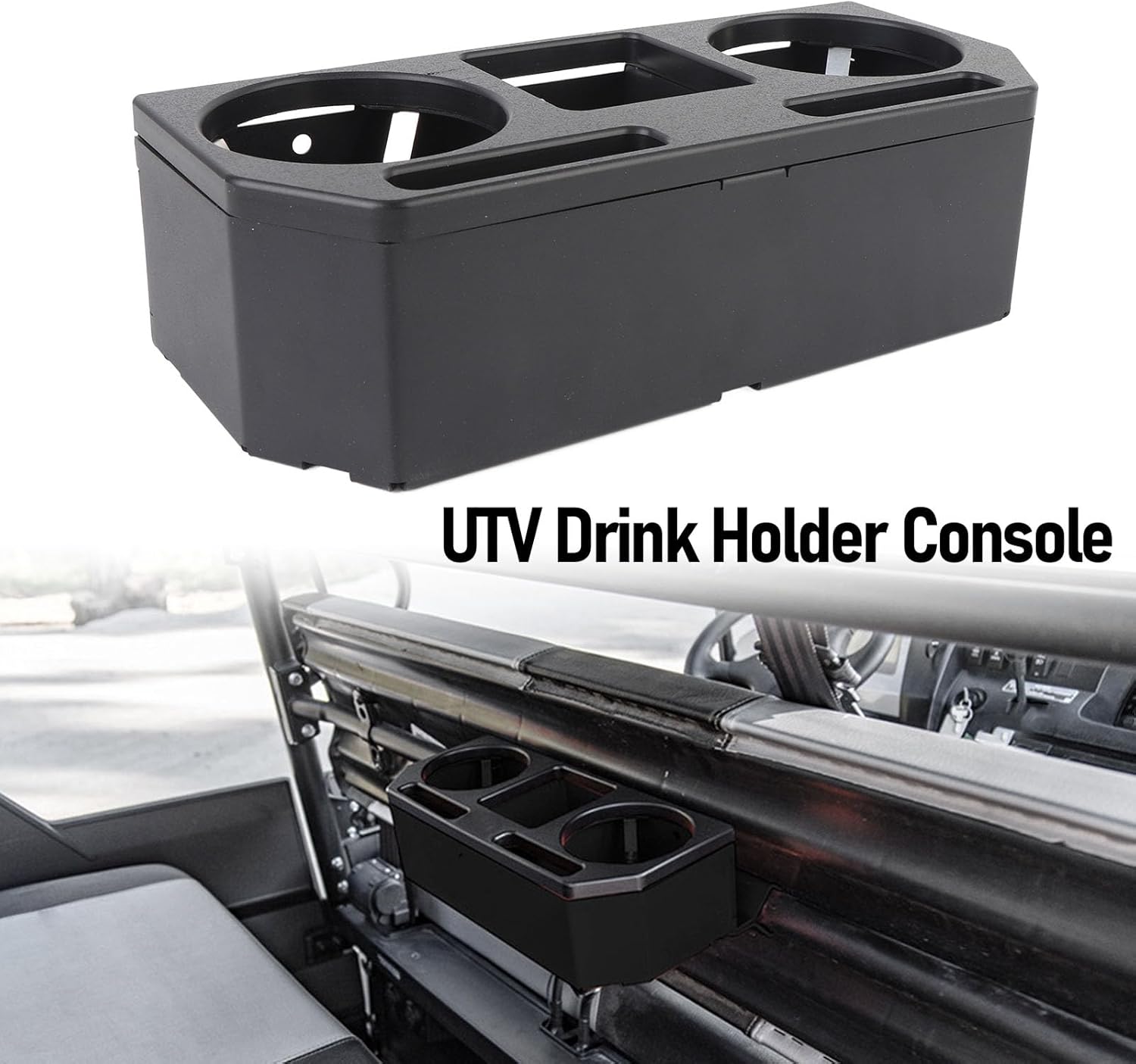 Pissente UTV Drink Holder Console, Steel Adjustable Cup Holder, Universal Fit for 1.25in to 1.5in Roll Bar, Ideal for UTVs and Offroad Adventures (Black)