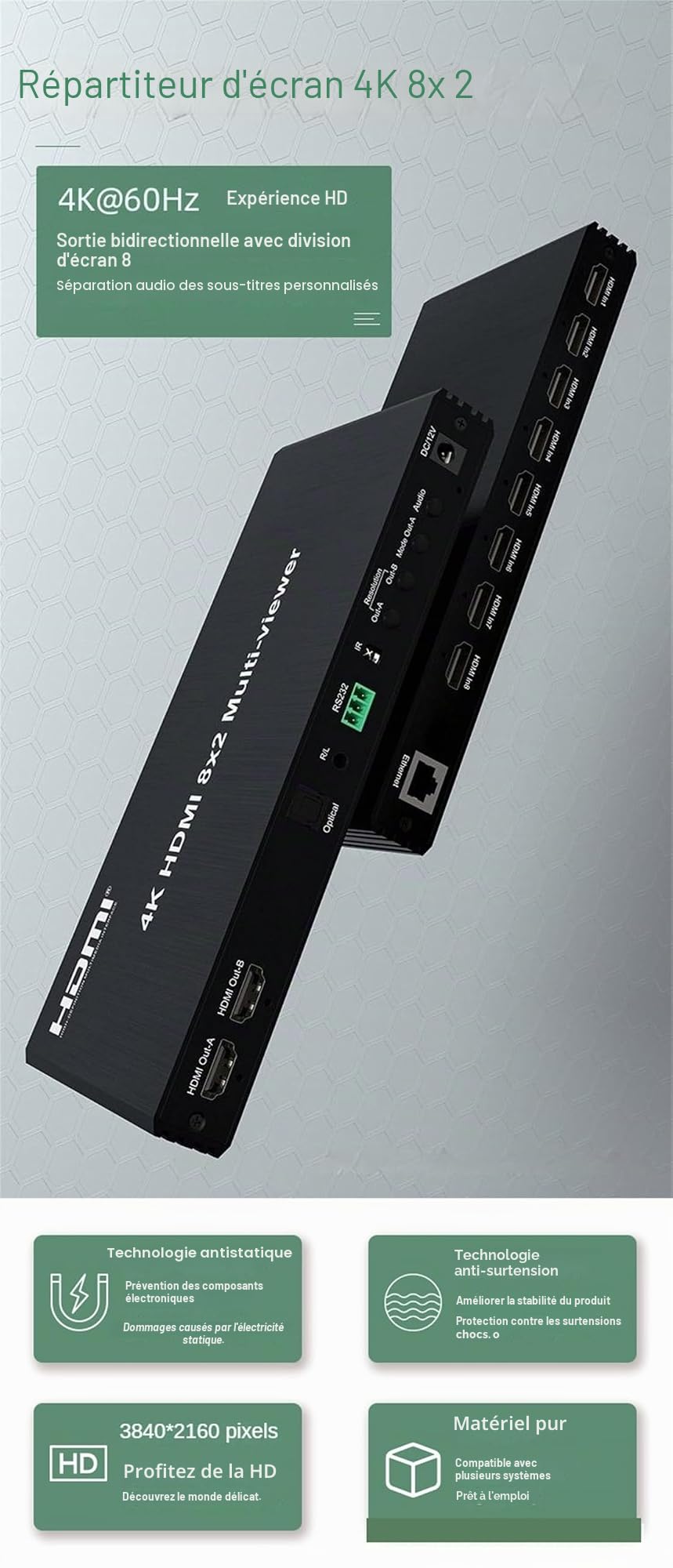 4K 60hz HDMI 8x2 Multi-visionneur avec PIP 8 en 2 Out Double Affichage commuteur sans Couture avec Audio Optique 3,5 mm 2x1 3x1 4x1 5x1 6x1 8x1 Multi-visionneur