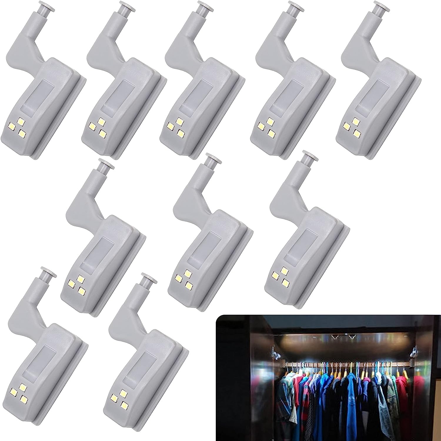 Cabinet Hinge LED Sensor Light, Universal Cupboard Cool White Lights Night Light for Living Room, Bedroom, Wardrobe (10Pcs - Include Battery)
