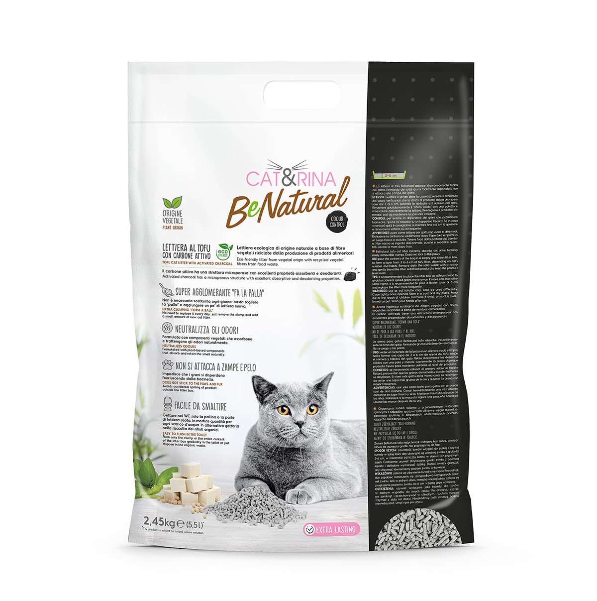 Cat&Rina BeNatural, lettiera per gatti al tofu da 5,5l Agglomerante e Vegetale. Fino a 30 giorni di utilizzo. Si smaltisce nell'organico o nel wc. Sabbia gatti anti odore Carboni Attivi, 6 pezzi