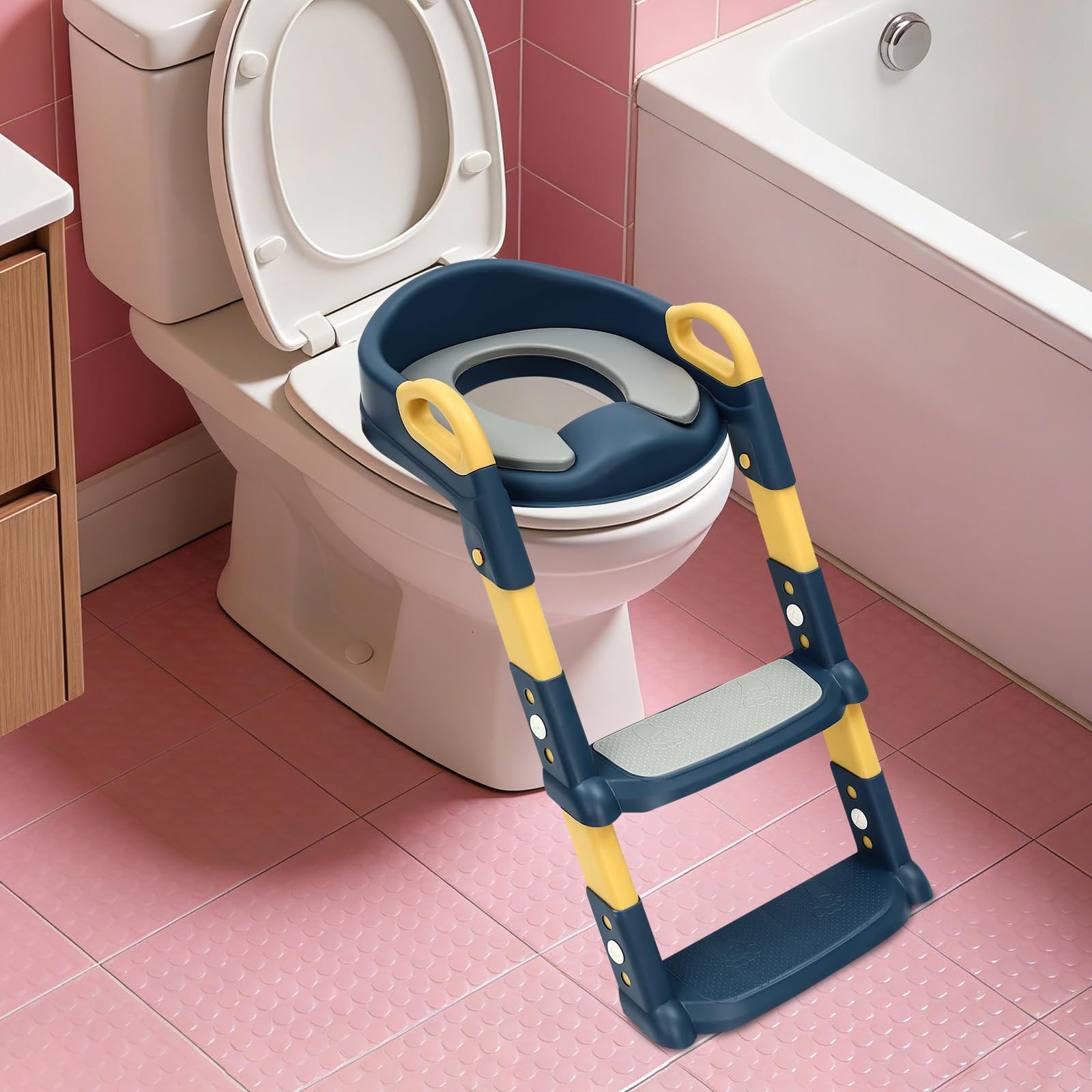 Sedile WC per bambini, scala WC pieghevole con scale e poliuretano imbottito, 6 marce regolabili in altezza, si adatta a WC a forma di V/U/O. Sedile WC per vasino.
