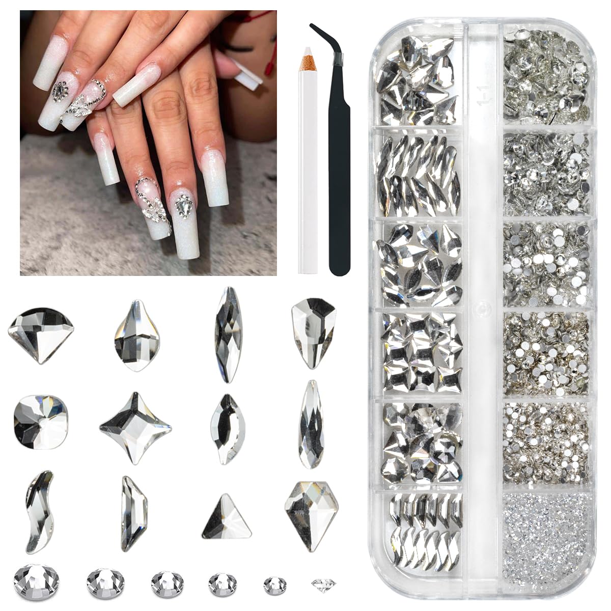 qiipii 2052Pcs Crystal Clear Nail Rhinestones 72 Multi Shapes Crystal White Rhinestones for nails Flatback Big Nail Gems +1980 K9 Glass Round Beads