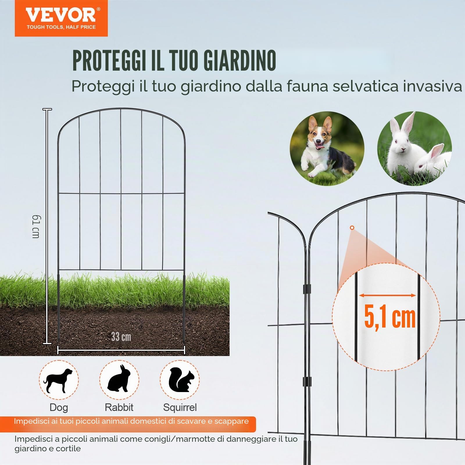 VEVOR Recinzione da Giardino in Metallo 61x33 cm da 10 Barriera per Animali Domestici Senza Scavo 5,08 cm Spaziatura dei Picchi, Recinzione Decorativa in Metallo 10 Pezzi per Giardino Cortile Aiuola