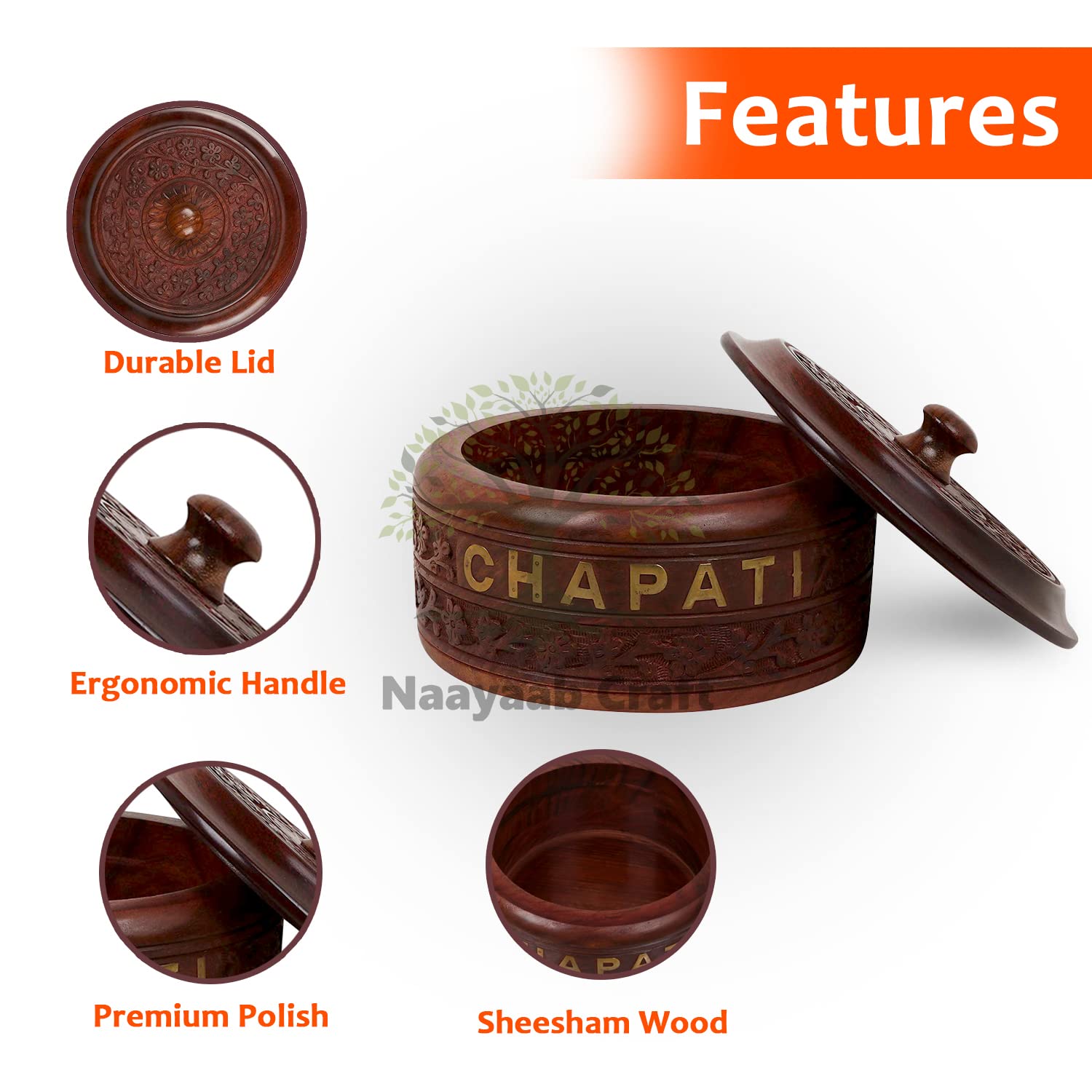 Naayaab Craft Wooden Chapati Casserole Pakka Sheesham Wood Handmade & Handcrafted Wooden Serving Chapati Box Crafted By Saharanpur Artisans(20 X 10 Cm), Brown 1