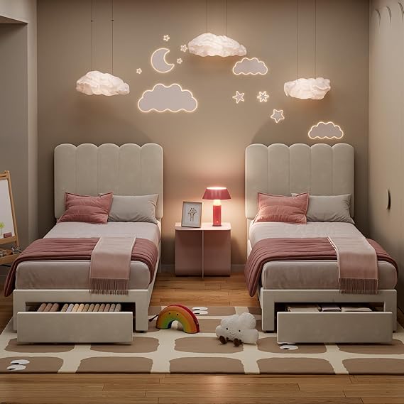 GarveeHome 2 Sets Twin Bed Frame with Under-Bed Drawer, Upholstered Platform Bed with Wave Headboard for Kids/Girls, Wooden Slats Support, No Box Spring Needed, Velvet Beige
