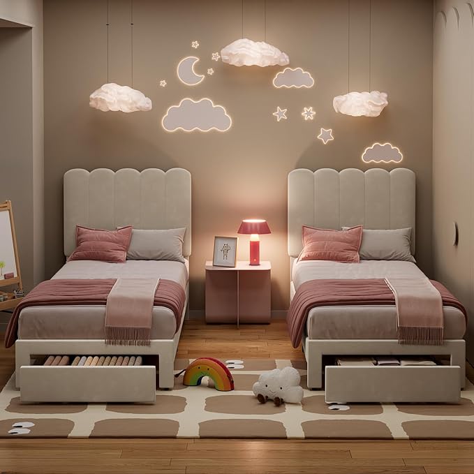 GarveeHome 2 Sets Twin Bed Frame with Under-Bed Drawer, Upholstered Platform Bed with Wave Headboard for Kids/Girls, Wooden Slats Support, No Box Spring Needed, Velvet Beige