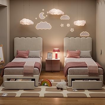 GarveeHome 2 Sets Twin Bed Frame with Under-Bed Drawer, Upholstered Platform Bed with Wave Headboard for Kids/Girls, Wooden Slats Support, No Box Spring Needed, Velvet Beige