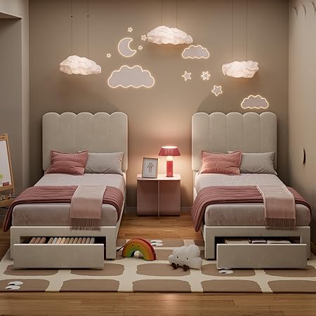 GarveeHome 2 Sets Twin Bed Frame with Under-Bed Drawer, Upholstered Platform Bed with Wave Headboard for Kids/Girls, Wooden Slats Support, No Box Spring Needed, Velvet Beige