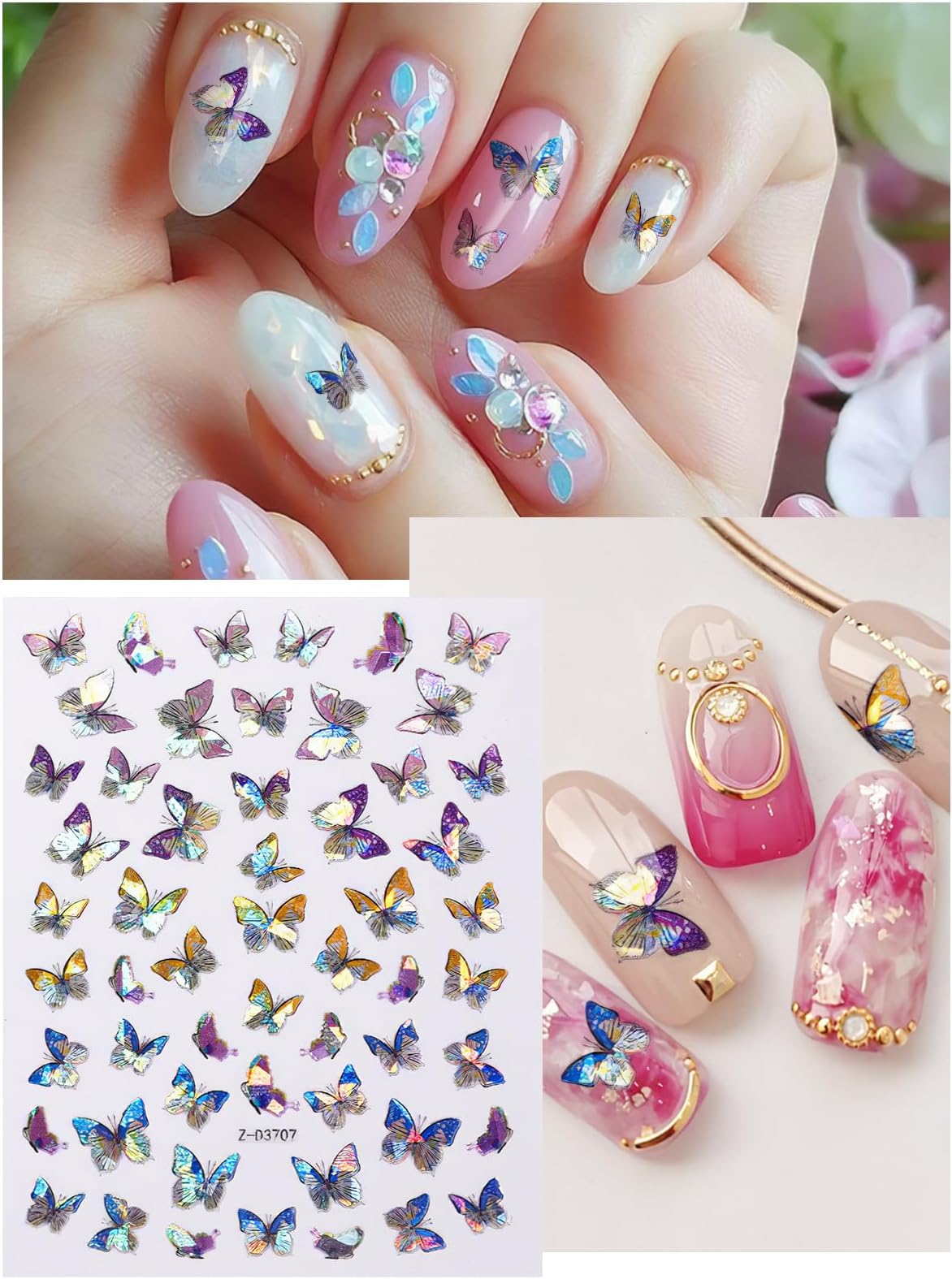 TOROKOM 12 Sheets Butterfly Nail Art Stickers Decals, 3D Self-Adhesive Nail Decals Butterfly Designs Nails Supplies Butterfly Stickers for DIY Colorful Laser Butterflies Nails Manicure Decor