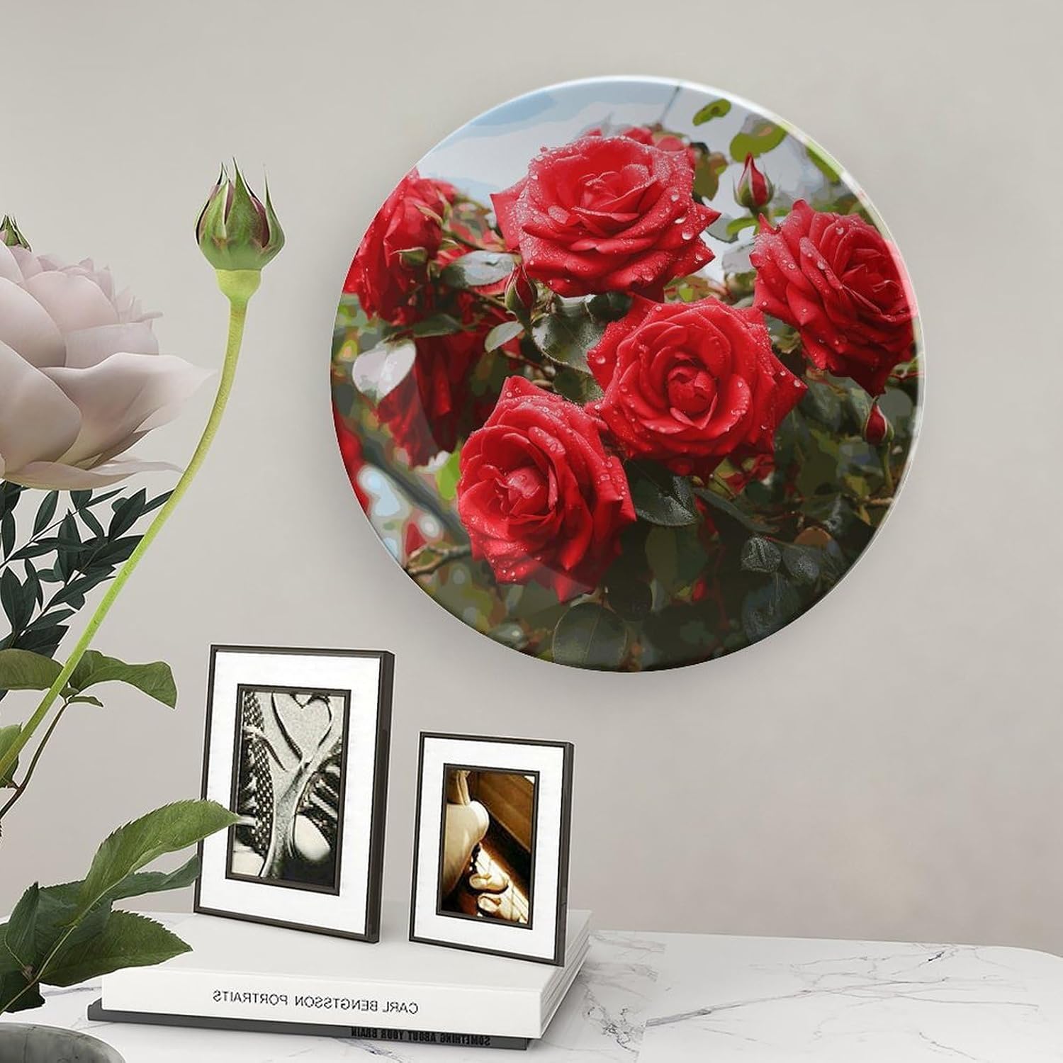 Red Roses Bush in The Garden Decorative Plates for Display Round Porcelain Plate Living Room Table Ceramic Hanging Decorative Plate Art Decor for Living Room Table with 1 Display Stand 8inch