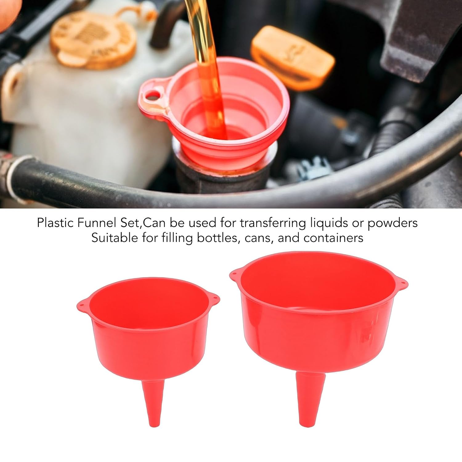 Garosa Plastic Kitchen Funnel Set, Wide Mouth Large Capacity Transfer Tool for Kitchen Garage Red PP 2L 4L 16.5cm 21cm 2 Pack