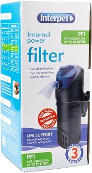 Interpet Internal Aquarium Fish Tank PF1 Power Filter, Cleans Water, for Coldwater & Tropical Aquariums Up to 68 Litre, black/blue