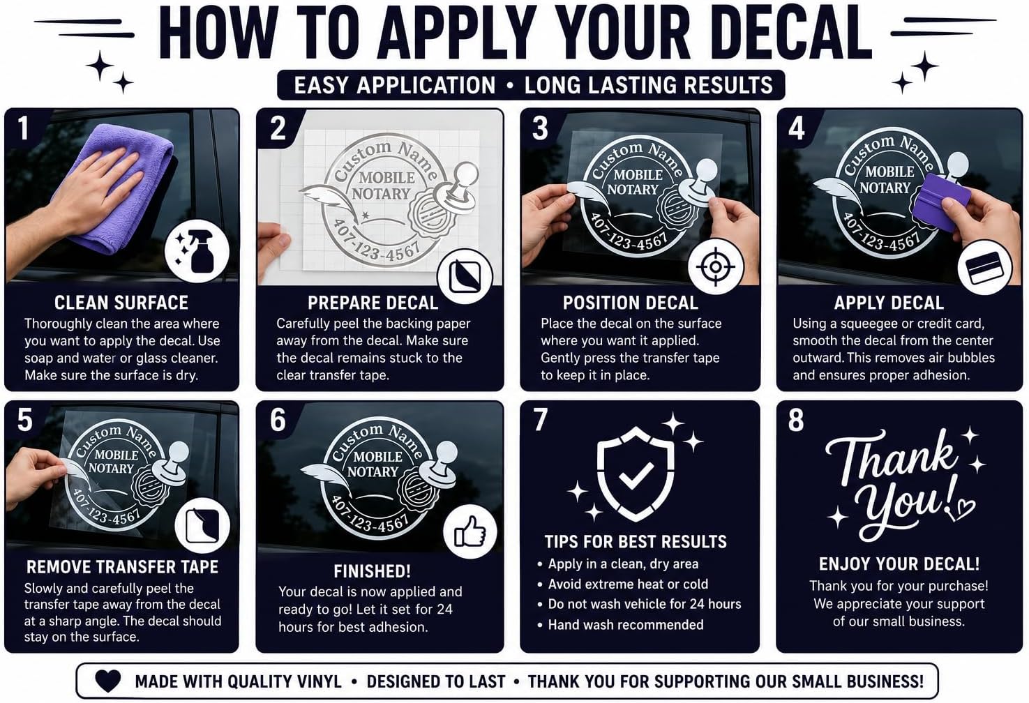 Mobile Notary Car Decal – Custom Name & Phone Number, Notary Public Window Sign, Vinyl Sticker